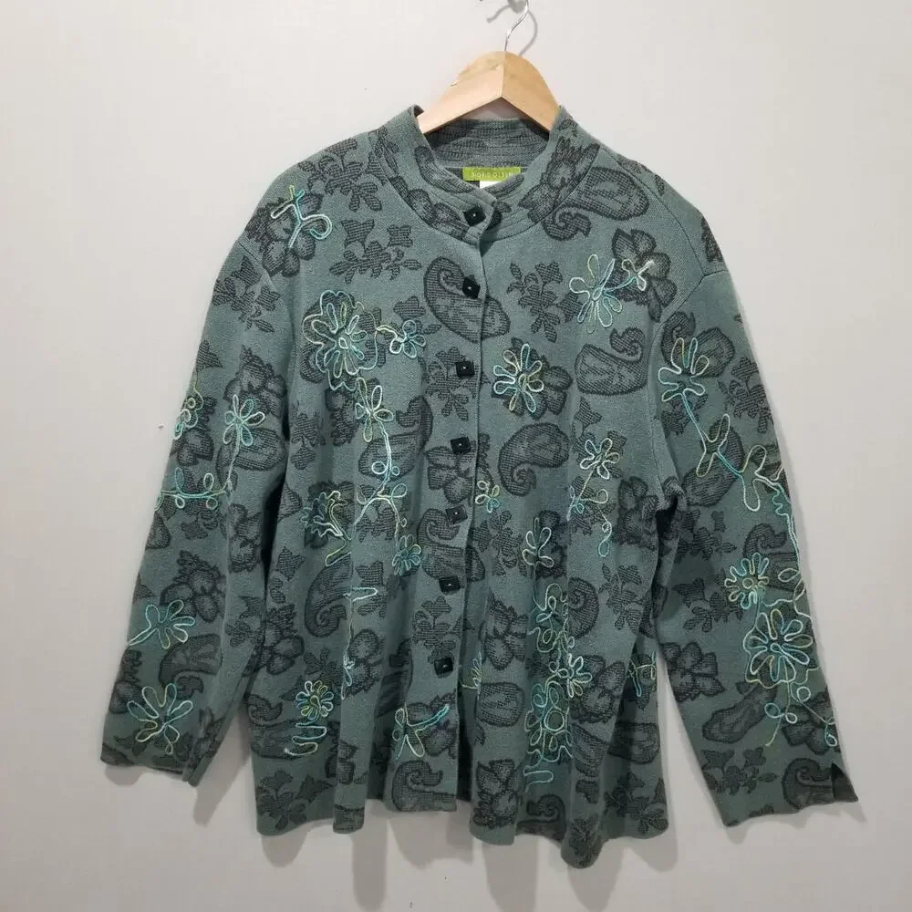 Sigrid Olsen Jacket Womens 2X Green Paisley Knit Embroidered Art To Wear